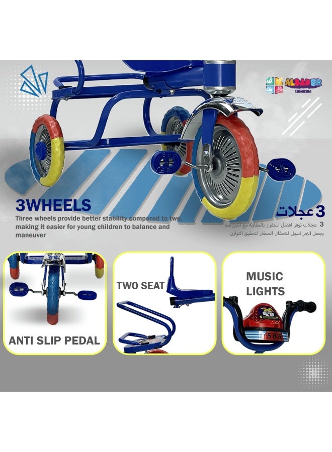 البدر دراجة توازن ثلاثية العجلات للأطفال بعمر 2-5 سنوات من البدر، دراجة ثلاثية العجلات للأطفال الصغار مزودة بمقعدين وموسيقى وأضواء، بلون أزرق - Image 5
